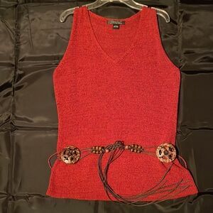 C’est City burgundy/deep red sweater tunic w/ leather & wood tie belt size L